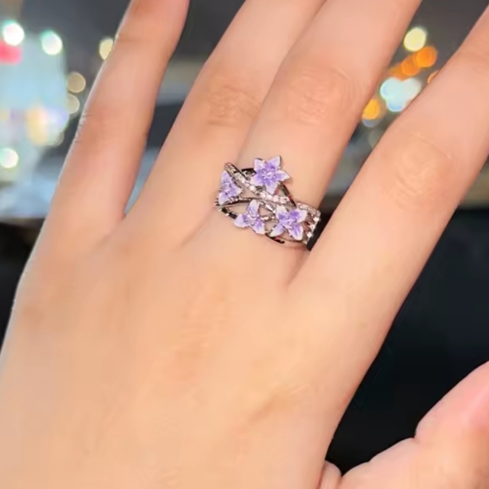 Sterling Silver Ring with Purple Floral Design Sz 8